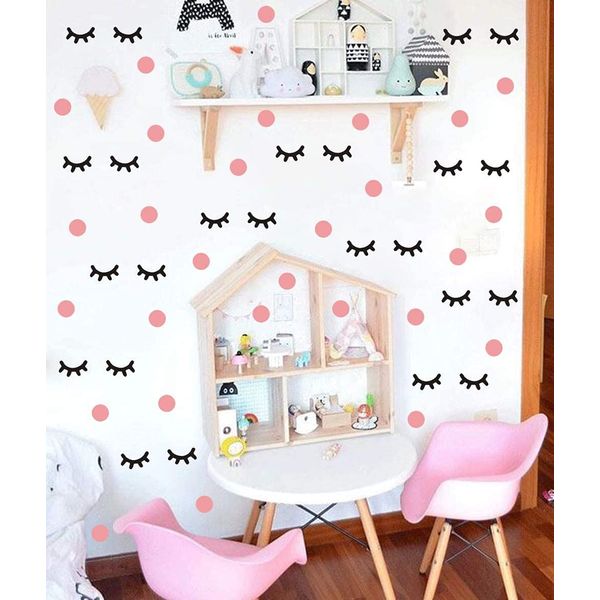 IARTTOP Lovely Eyelash Wall Decal with Pink Dots Wall Sticker (98Pcs), Adorable Sleepy Eye Eyelash Vinyl Decal for Kids Bedroom Decor, Sleepy Lash Decals Wall Art Makeup Sticker for Girls Room