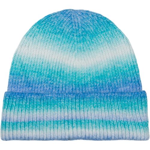 styleBREAKER 04024199 Women's Knitted Beanie Hat with Stripes Colour Gradient Ombre Look Fine Knit Beanie, Turquoise-blue-white