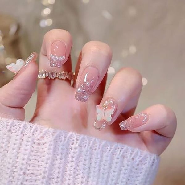 FINGOOO Nail Tips Long 24 Pieces with Double Sided Tape False Nails Round Tip Gel Nails Cute False Nails Coming of Age Ceremony Spring Summer Autumn Winter Japanese Style (Pink Butterfly, FREE)