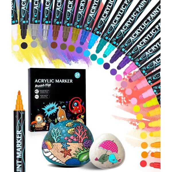 Acrylic Pens for Stones Waterproof, Acrylic Paint Pens, 48 Colours/24 Pens Dual Tip Acrylic Paint Pens Stones Painting Set, Acrylic Paints for Stones, Wood, Glass, Canvas, Stone, Fabric, DIY Photo