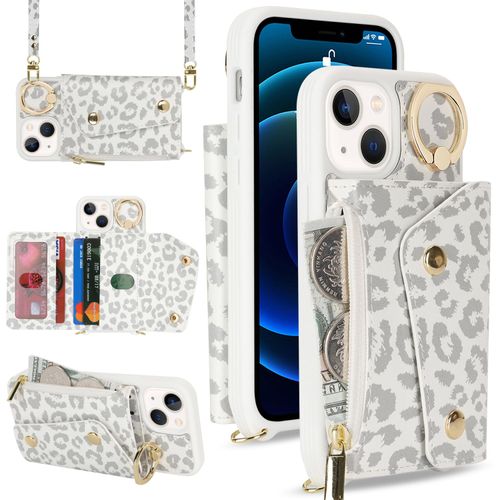 Lipvina for iPhone 13 Mini Case with Card Holder and Strap - Zipper Pocket,Crossbody Lanyard Strap,Credit Card Holder,Stand Ring,Cute Phone Wallet Case for Women(White Leopard,5.4 Inch)
