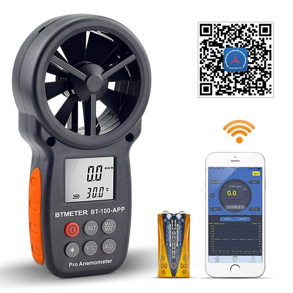 BTMETER Digital Anemometer BT-100APP Air Flow Anemometer Wind Anemometer with Temperature and Velocity Measuring Device Connected to Phone via Bluetooth, Handy Wind Velocity Flow Meter, Maximum Wind