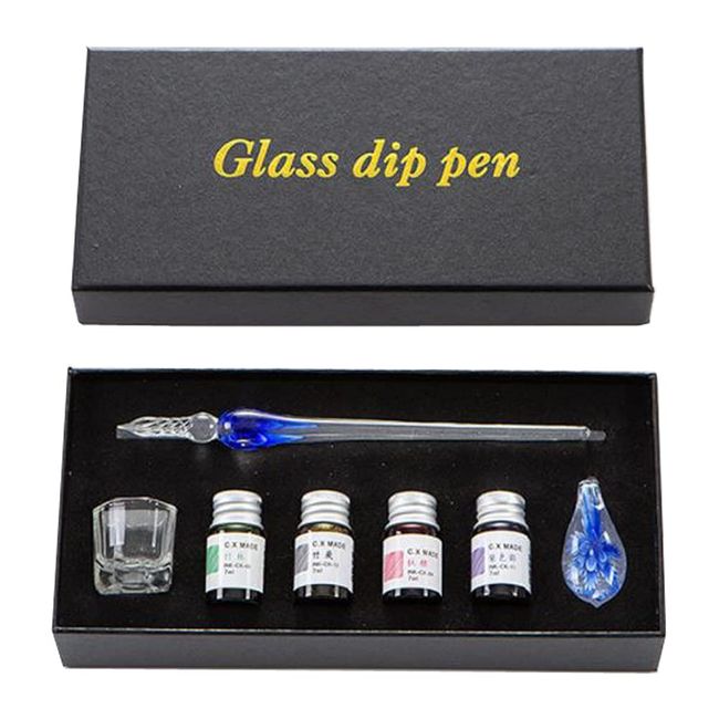 Suitcase Company GPT Glass Pen Ink Set, 4 Colors, Pen Holder, Stylish, Dip Pen, Ink Set, Art, Glass Pen, Writing, Stationery, Letters, Calligraphy, Blue