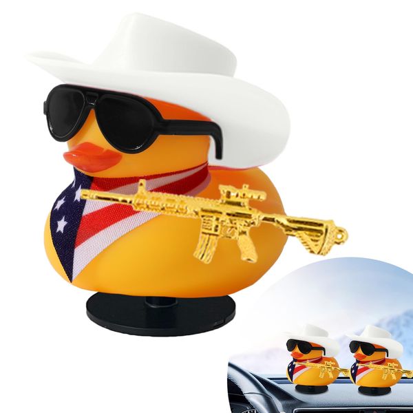 1pc Ducks for Jeeps,AOT Small Rubber Ducks with White Cowboy Hat,Sunglasses, American Flag Scarf, Gun and Black Base, Jeep Ducks for Ducking for Birthday Party Toys Decorations