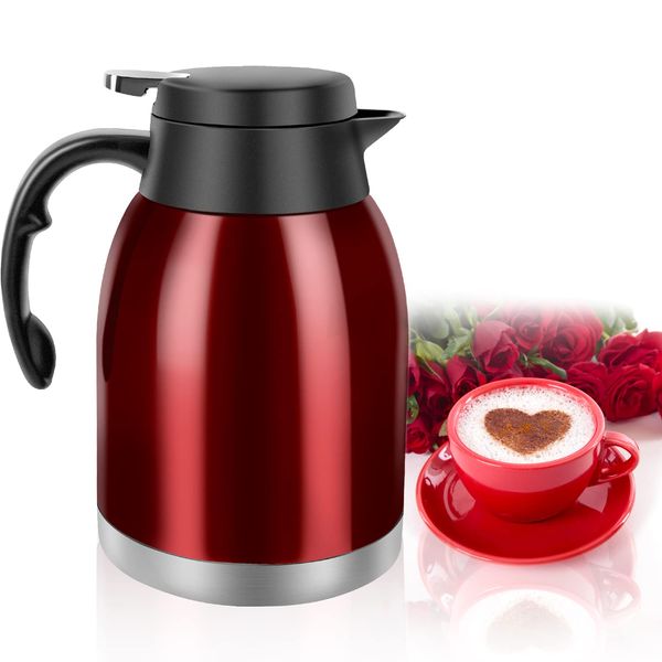 Stainless Steel Thermal Coffee Carafe Dispenser, Unbreakable Double Wall Vacuum Thermos Flask Large Capacity 56oz 1.6L Water Tea Pot Beverage Pitcher for Banquet and Easter Party(Bright Red)