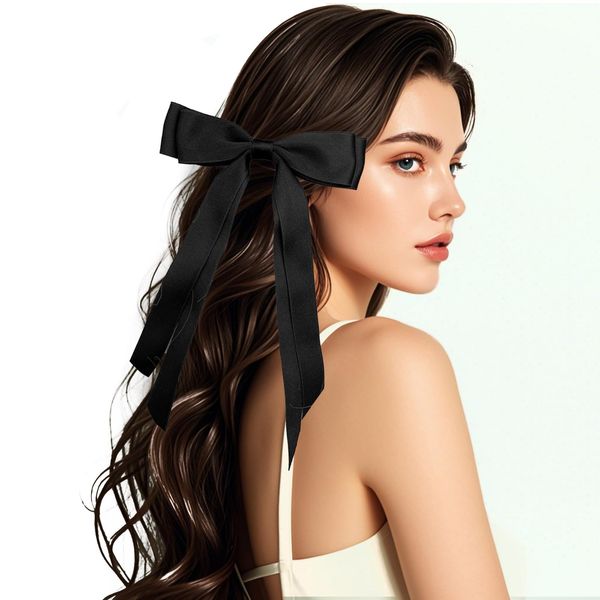 Fodofodo Hair Bows for Women,Bow Hair Clips,Satin Hair Ribbon Bow,Tassel Ribbon Bowknot With Long Tail,Ponytail Holder,Metal Clips Hair Bow Accessories for Women Girls (Black)