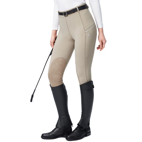 SANTINY Women's Horse Riding Pants with Zipper Pockets Knee-Patch Schooling Tights Equestrian Breeches for Women (Taupe_M)