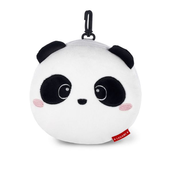Legami - Travel Pillow with Night Mask, Panda Zip Closure, Space Saver, Hook for Convenient Carry, Small Pocket on Back, 16 x 16 cm