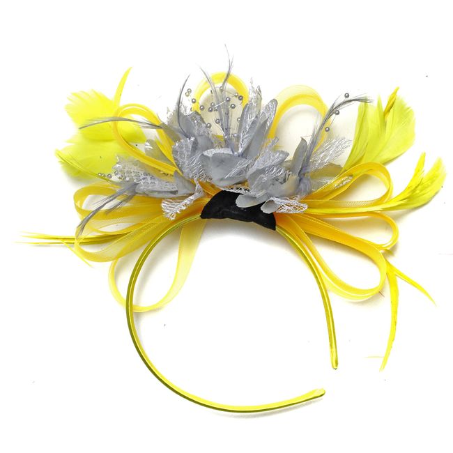 Caprilite Fashion Yellow and Silver Feather Hair Fascinator Headband Wedding Royal Ascot Races Ladies