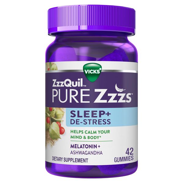 ZzzQuil PURE Zzzs De-Stress Melatonin Sleep Aid Gummies, Helps Calm Your Mind and Body, Ashwagandha for Stress Support, Sleep Aids for Adults, 1 mg per gummy, 42 Count