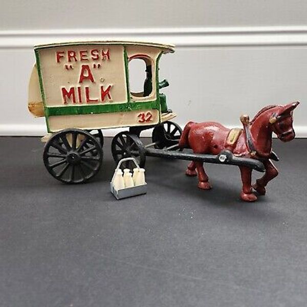 Vintage Cast Iron Toy Horse and Wagon Fresh "A" Milk