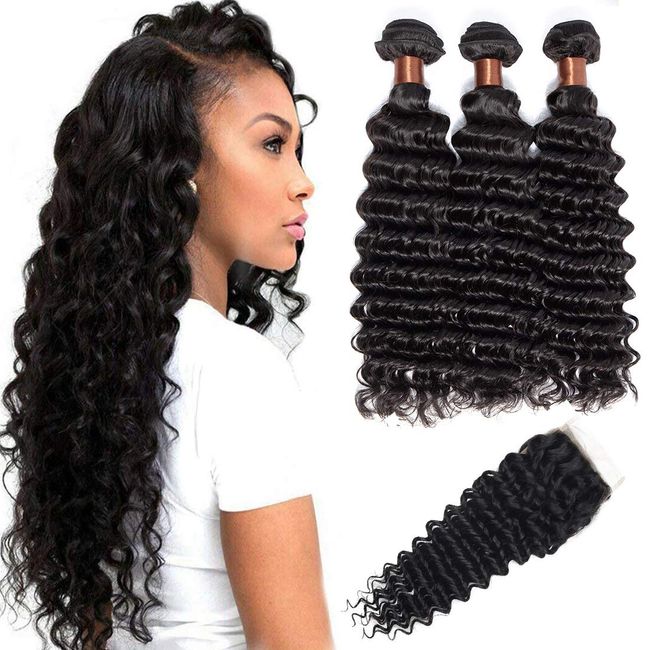 BLACKMOON HAIR Brazilian Virgin Deep Wave Hair 3 bundles With Free Part Closure Natural Black Color 100% Unprocessed Human Hair Weaves Weft with Lace Closure (14 14 16+12 closure)