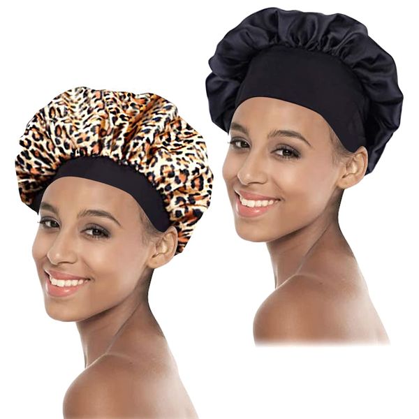 Salon Bonnet Night Sleep Cap Sleeping Bonnet Hair Loss Cap Night Sleep Cap for Women Girl Sleeping, Keeping Long Hair Back, 2 Pcs(Black, Leopard)