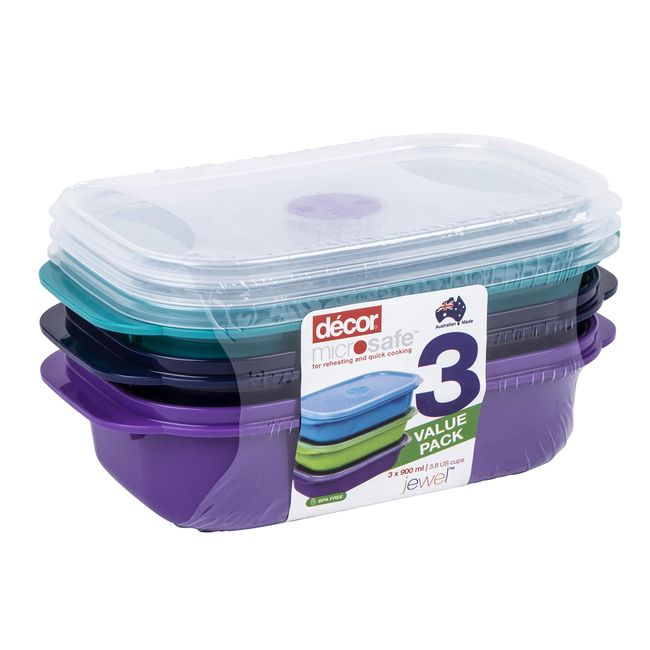 Décor Microsafe Jewel Food Containers Set | 3 Pack - 3 x 900ml | Meal Prep | Steam Release Vent | Microwave, Dishwasher & Freezer Safe | Assorted Colours