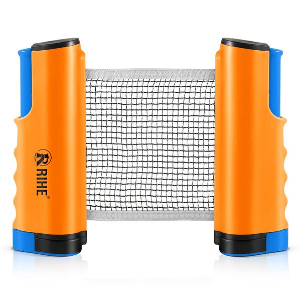 RIHE Table Tennis Netting Telescopic Portable Compact Ping Pong Net Telescopic Roll Closure Home Table Tennis Equipment (Orange & Blue)