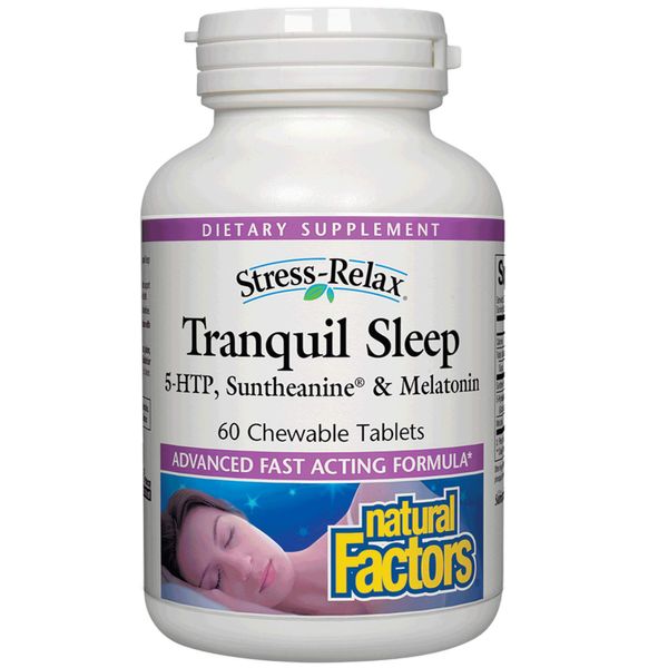 Stress-Relax Chewable Tranquil Sleep by Natural Factors, Sleep Aid with Suntheanine L-Theanine, 5-HTP, Melatonin, Tropical Fruit Flavor, 60 tablets (30 servings)