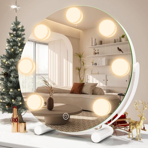 ROLOVE Vanity Mirror with Lights, 12 Inch Hollywood Mirror with Lights for Makeup Desk, LED Makeup Mirror with 7 Dimmable Bulbs for Bedroom Tabletop, Smart Touch Dimmable 3 Modes, 360° Rotation