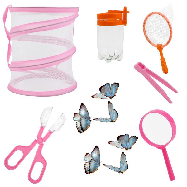 TSLBW 6Pcs Outdoor Explorer Kit for Kids Insect Catching Kit Bug Hunting Kits for Kids including Critter Cage,Magnifying Glass,Tweezers,Insect Bottle,Insect Catching Scissors,butterfly net (pink)