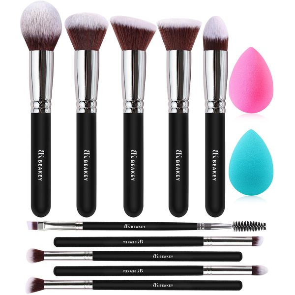 BEAKEY Soft Make up Brushes, Gentle on Skin, Effective Application - 12Pcs Premium Makeup Brush Set, Makeup Brushes, Contour Brushes, with 2Pcs Blender Sponges (Packaging May Vary)