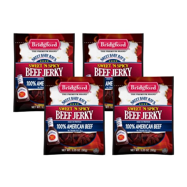 Bridgford Sweet Baby Ray's High Protein Beef Jerky, Low Carb Snack, Low Calorie, Keto Friendly, Sweet N Spicy Flavor (3.25 Ounce (Pack of 4))