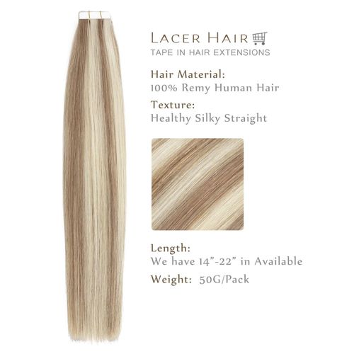 Lacer Hair 14 Inch Tape in Hair Extensions Blonde Highlights #6 Medium Brown Highlighted #60A Platinum Blonde 20pcs 50g Double Sided Tape in Extensions Invisible Human Hair