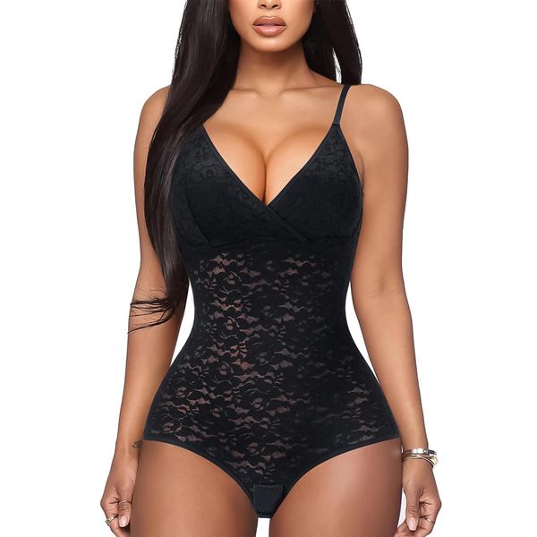 BRABIC Lace Bodysuit for Women Tummy Control Shapewear Sleeveless Tops V-Neck Backless Camisole Jumpsuit Shaper (Black, X-Large)