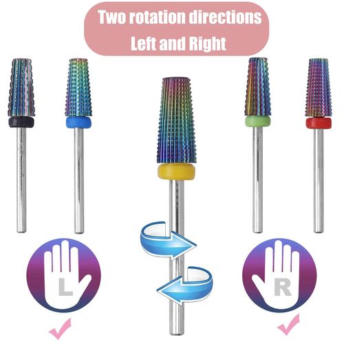 Treki Nail Drill Bit Set, 5Pcs 3/32 inch Multi functional Carbide Nail Drill Bits-2 Way Rotate Tapered Shape Straight Cut Colorful Tungsten Steel Nail Bits for Acrylic Pedicure Manicure (XF F M C XC)