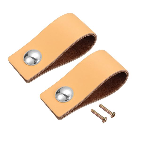 uxcell Pull Handles Drawer Pulls Furniture Handles Leather with Screws for Drawer Cabinet Doors, Khaki, Silver, 2.5 inches (64 mm), Pack of 2