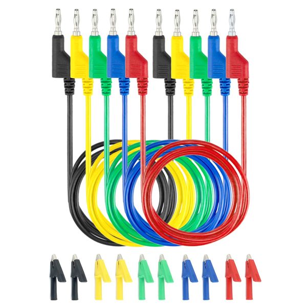 QWORK 5 Stück Multimeter Messleitungen 4mm Bananenstecker mit 10 Stück Isolierte Krokodiklemmen, 5 Farben für Spannung Circuit Tester (19A 1000V, 5 Farben)