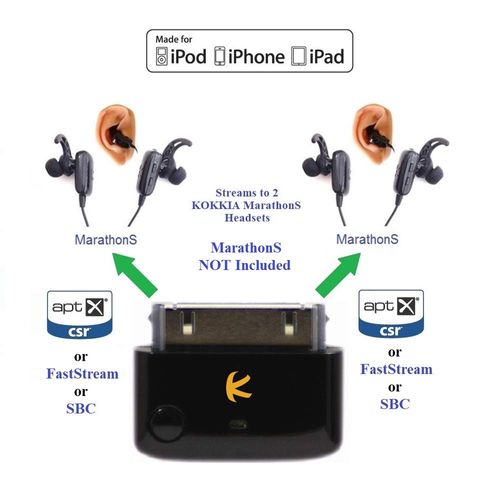 KOKKIA i10_Pro_Plus_2MarathonS : i10_Pro Bluetooth Splitter Transmitter Compatible with iPod, iPhone, iPad with 30-pin Connector Plus 2 Tiny Marathons FastStream/aptX/SBC Bluetooth Stereo Headsets.