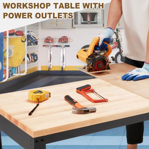 HABUTWAY Height Adjustable Workbench 48" 2000 Lbs Capacity Oak Wood Work Station Heavy-Duty Work Benches with Power Outlets for Garage Party Shop Office (48 INCH Black)