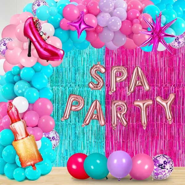 130PCS Spa Party Decorations for Women Girls Spa Party Balloons,Lipstick High Heel 4-Point Star Exploding Star Foil Balloon and Fringe Curtain for Spa Makeup Birthday Slumber Pamper Party Supplies