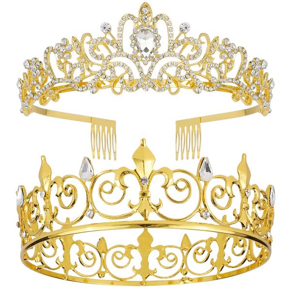 AOPRIE King & Queen Tear Drop Tiara and Crown for Women Men Crystal Hair Accessories for Wedding Prom Bridal Birthday Party Halloween Costume Christmas Gifts Gold Princess Tiara for Girls Boys