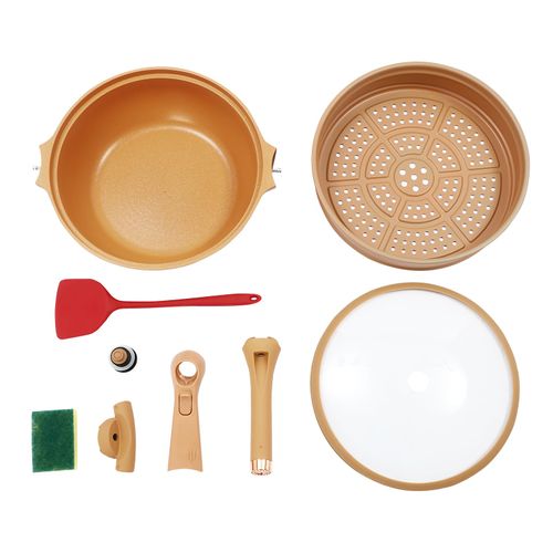 Multifunctional Pottery Clay Non-stick Micro Pressure Pot 2-in-1 Micropressure & Induction Bottom W/Steamer Basket & Lid Stir Fry Pan for Cooking Frying