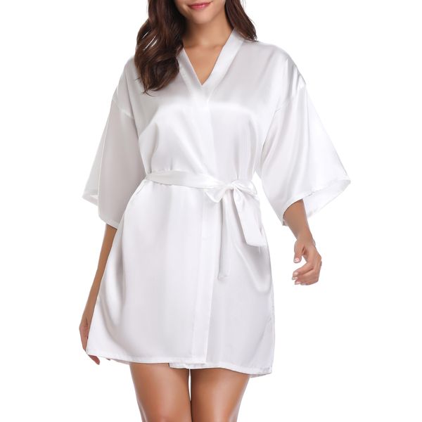 Vlazom Women Kimono Robes Satin Dressing Gown Short Bridal/Bridesmaid Robe Nightwear with Oblique V-Neck, L(UK 12-14), White