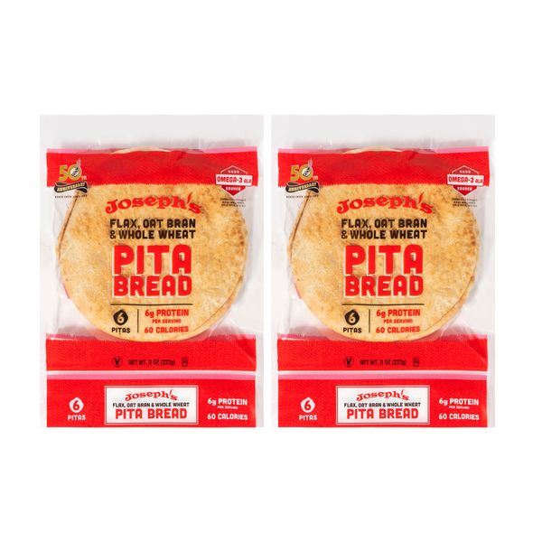 Joseph's Pita Bread Value 2-Pack, Flax Oat Bran and Whole Wheat, 7g Net Carbs per Serving, Fresh Baked (6 per Pack, 12 Pitas Total)