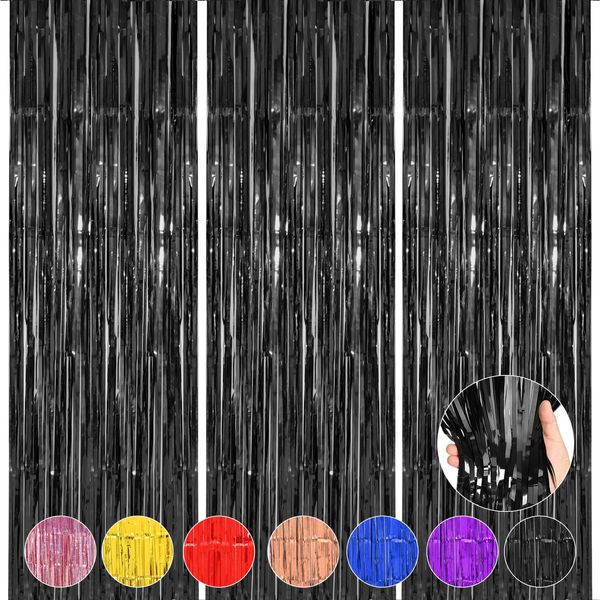 Accevo 3Pack Black Foil Fringe Curtains Party Streamers 3.2ft x 8.2ft Door Streamer Tinsel Streamers Black Party Decorations Photo Booth for Halloween New Year Holiday Celebration Party Decoration