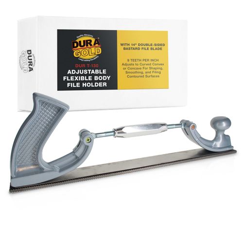 Dura-Gold Adjustable Flexible Body File Holder with 14" Double-Sided Bastard File Blade, 9 Teeth Per Inch - Adjusts to Curved Convex or Concave for Shaping, Smoothing, and Filing Contoured Surfaces