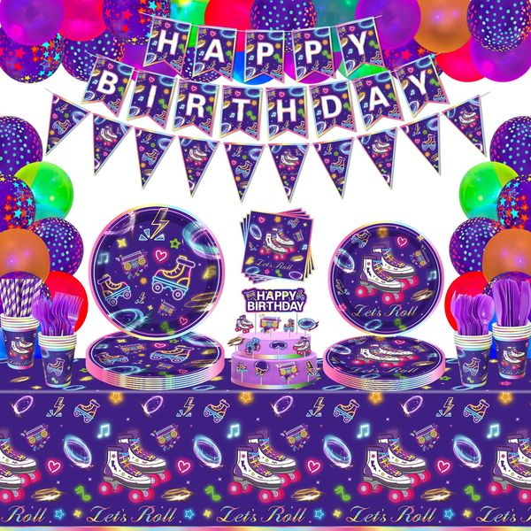 219 Pack Roller Skating Party Supplies Roll Theme Birthday Decoration Roller Skate Birthday Party Tableware Set Let's Roll Birthday Party Packs Serves 20