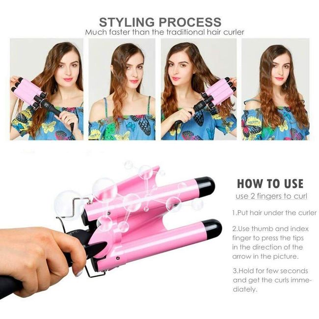 1 YEAR WARRANTY 3 Barrel Curling Wand Hair Iron with 2 level Temp 1 inch  PINK