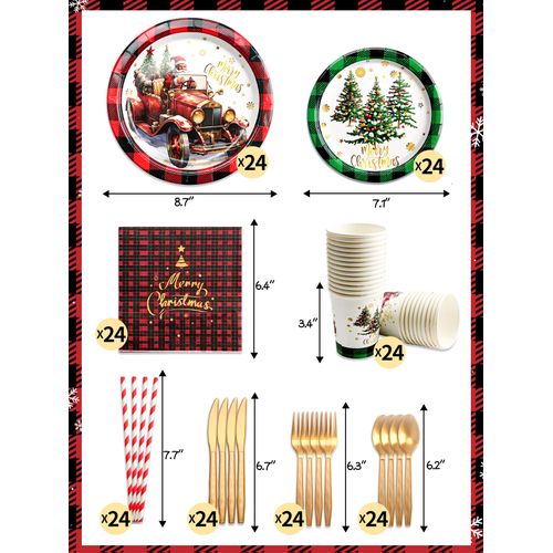 Kalolary 192Pcs Christmas Party Supplies Tableware Set, Christmas Paper Plates and Napkins Sets Red Buffalo Plaid Pickup Truck Christmas Tree Patterns Xmas Party Decorations Dinnerware Set, Serves 24