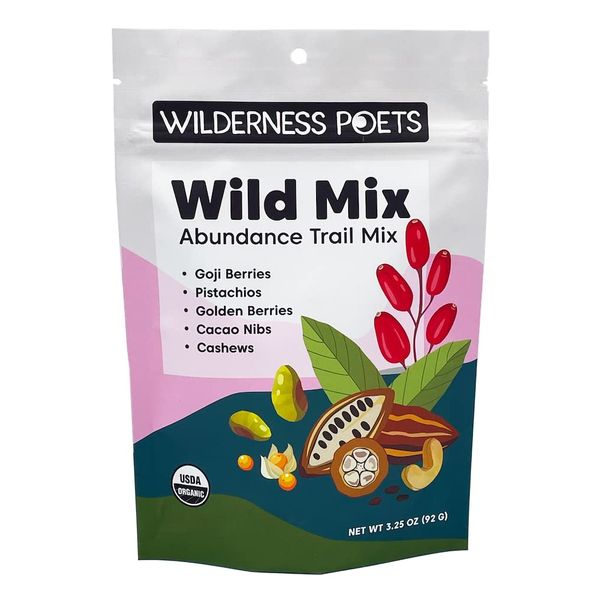 Wilderness Poets, Abundance Wild Mix - Organic Raw Superfood Blend (3.25 Ounce) Cashew, Pistachio, Goji Berry, Cacao, Golden Raisin, Golden Berry Trail Mix