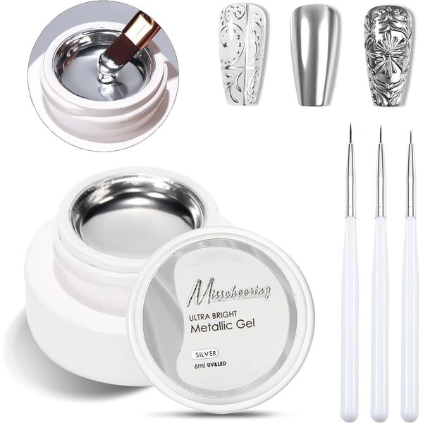 Jutqut 6ml Metallic Painting Gel, Silver Metal Painted Gel Nail Polish, Chrome Gel Nail Polish, Mirror Nails Finish, 3D Holographic nail polish with 3pcs Nail Art Brushes