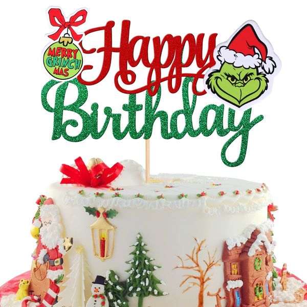 1 PCS Glitter Grinch Happy Birthday Cake Topper Assembled Merry Christmas Grinch Cake Pick for Christmas Theme Baby Shower Kids Birthday Party Cake Decorations Supplies