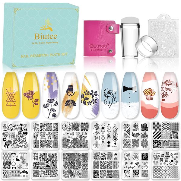 Biutee Nail Image Plate Set of 12 Nail Plates 1 Stamp 1 Scraper 1 Card Bag Nail Stencil Nail Plate Nail Art Tools Stamping Image Plate