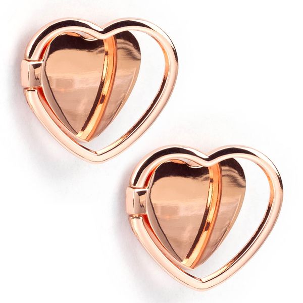 2 Packs Glossy Finish Love Heart Shaped Cell Phone Ring Holder Stand, 360 Degree Rotation Finger Ring Kickstand with Polished Metal Phone Grip (Rose Gold)