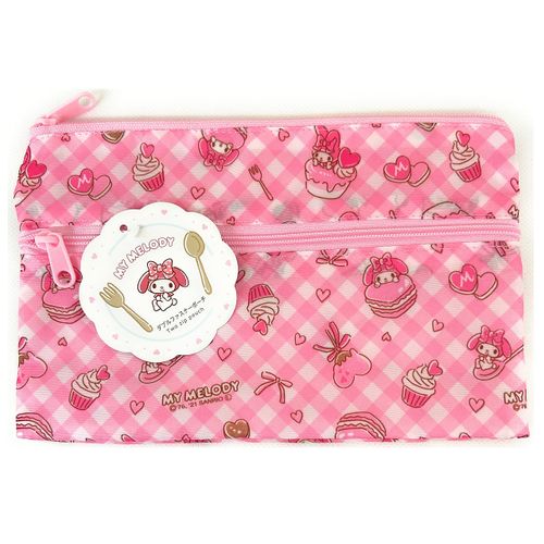Sanrio My Melody Accessory Cosmetic Flat Polyester Pouch Double Zipper 2 Pocket Case Bag 7.9" x 4.7" (Heartsweets)