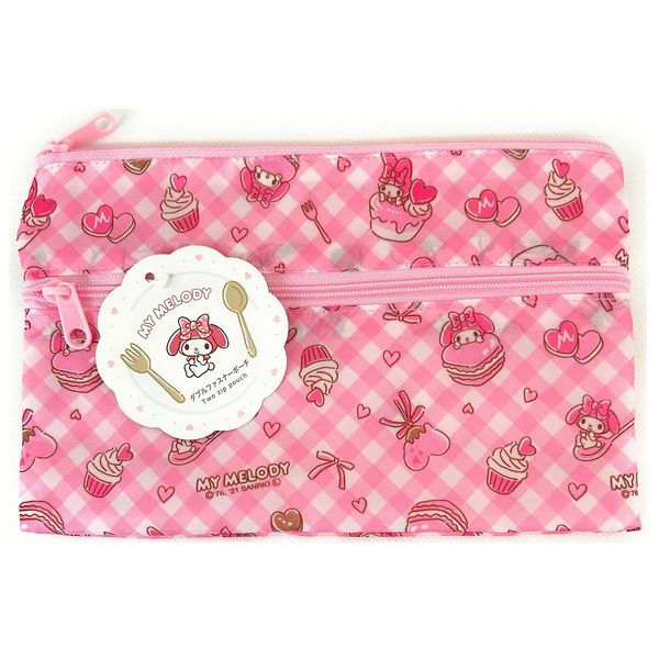 Sanrio My Melody Accessory Cosmetic Flat Polyester Pouch Double Zipper 2 Pocket Case Bag 7.9" x 4.7" (Heartsweets)