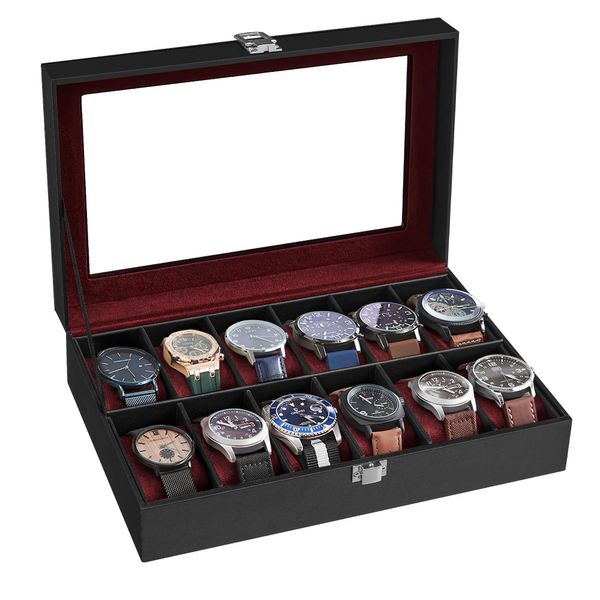 SONGMICS Watch Box, 12-Slot Watch Case with Large Glass Lid, Removable Watch Pillows, Watch Box Organizer, Gift for Loved Ones, Black Synthetic Leather, Wine Red Lining UJWB120R01