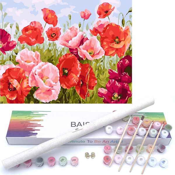 BAISITE Paint by Numbers for Adults Beginners and Kids,16" Wx20 L Canvas Pictures Drawing Paintwork with 4 Pcs Wooden Paintbrushes,Acrylic Pigment Poppy Flowers-BSC011